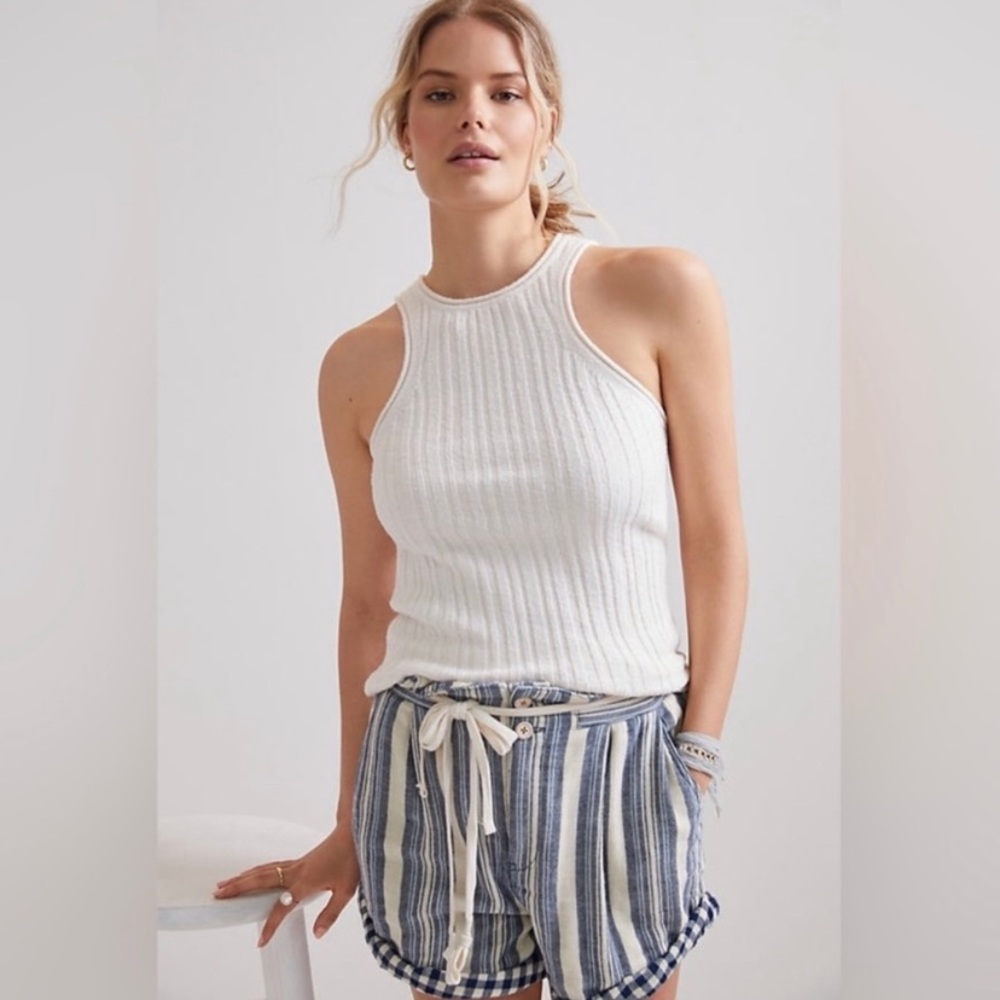 ANTHROPOLOGIE cream ribbed knit high neck cut off tank top shirt
